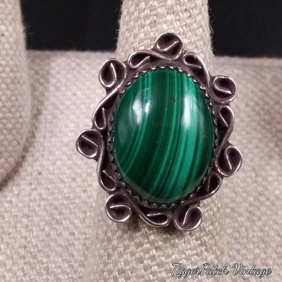 60s Malachite Sterling Silver Signed Native Ring - Picture 2 of 8
